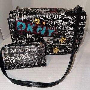 DKNY Black Graffiti Crossbody Bag and Wallet Set
